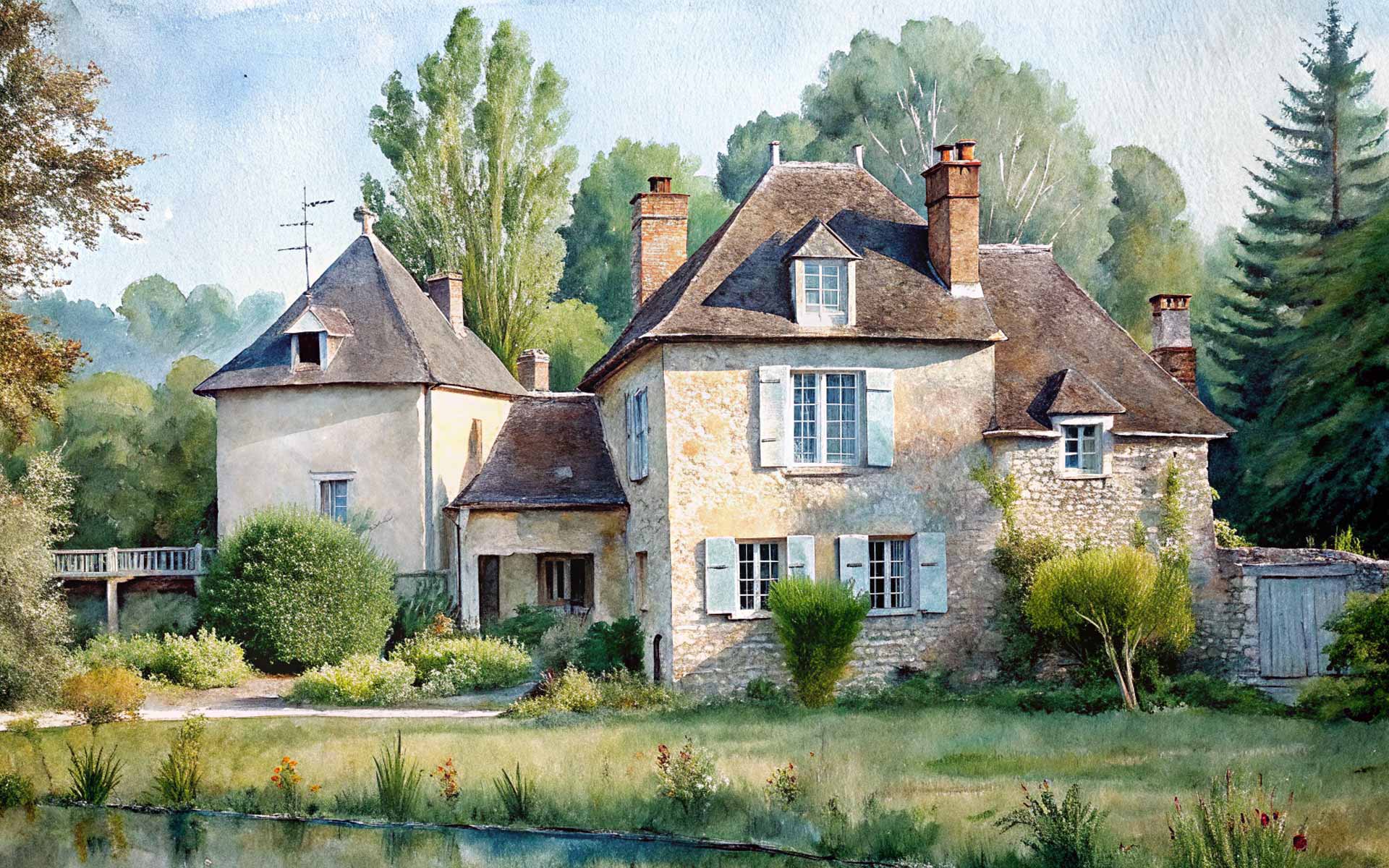 Aquarelle d'inspiration à propos de la Maison du Passeur en Normandie à Pressagny l'orguellieux